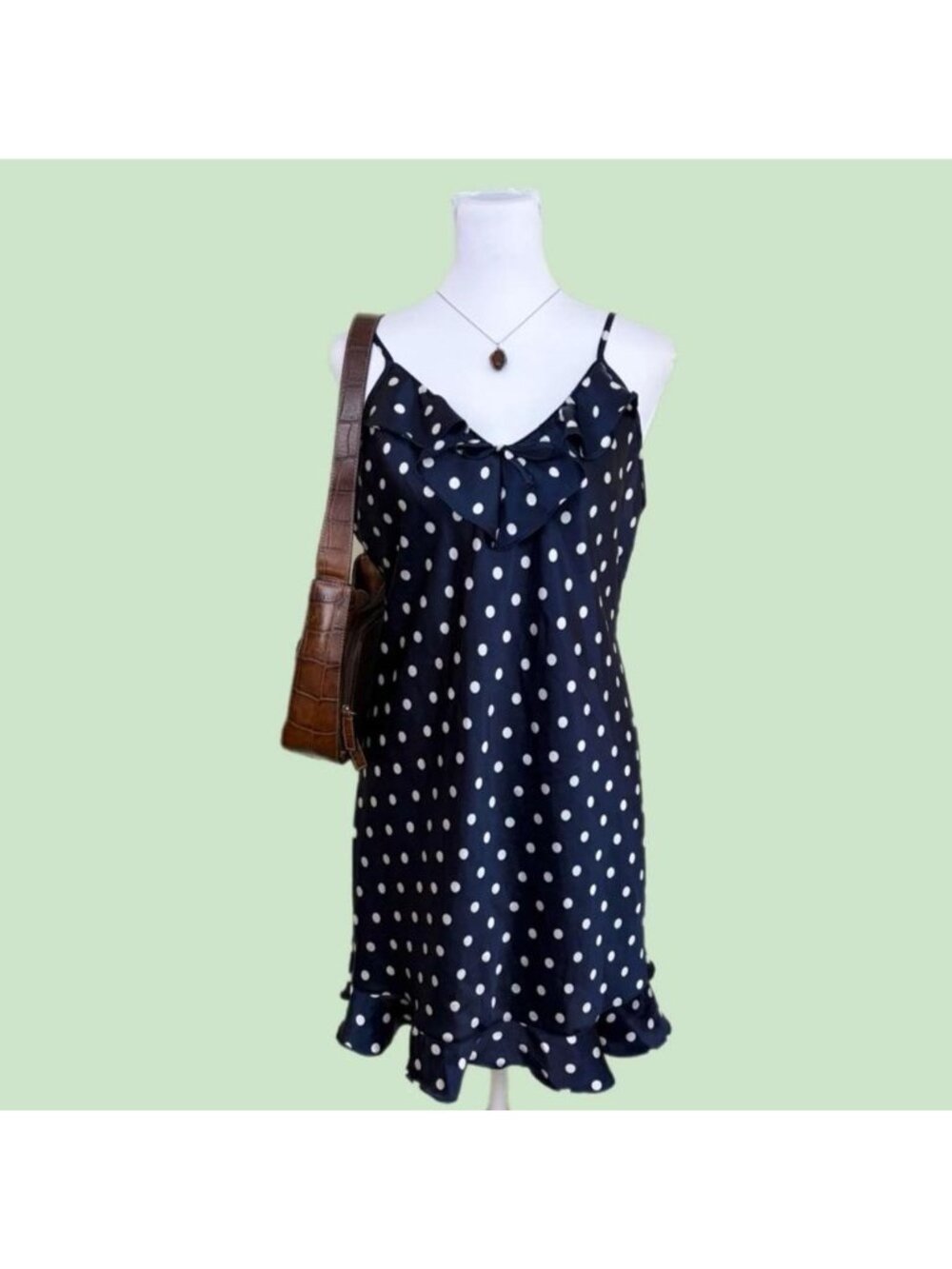 90s navy polka dot ruffle satin slip dress